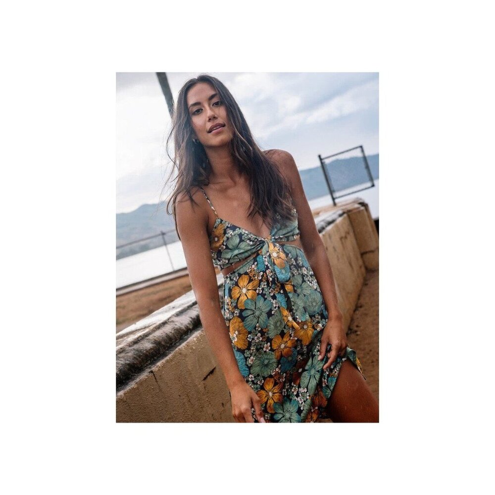 Volcom Floral Cut-Out Sundress with Front Tie – Size Large Boho Beach Festival D